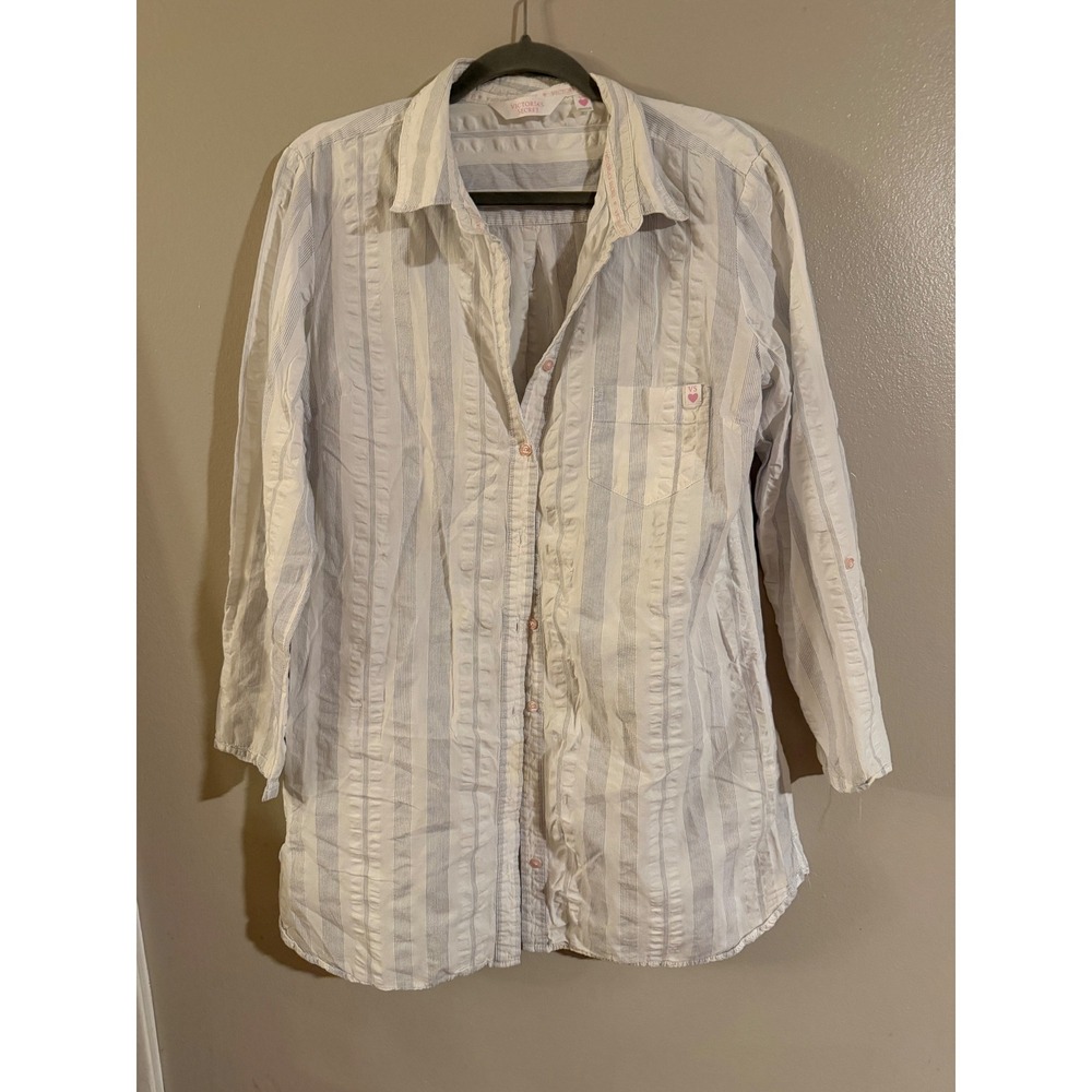Victorias Secret Blue White Striped Cotton Sleep Shirt Button Down Large